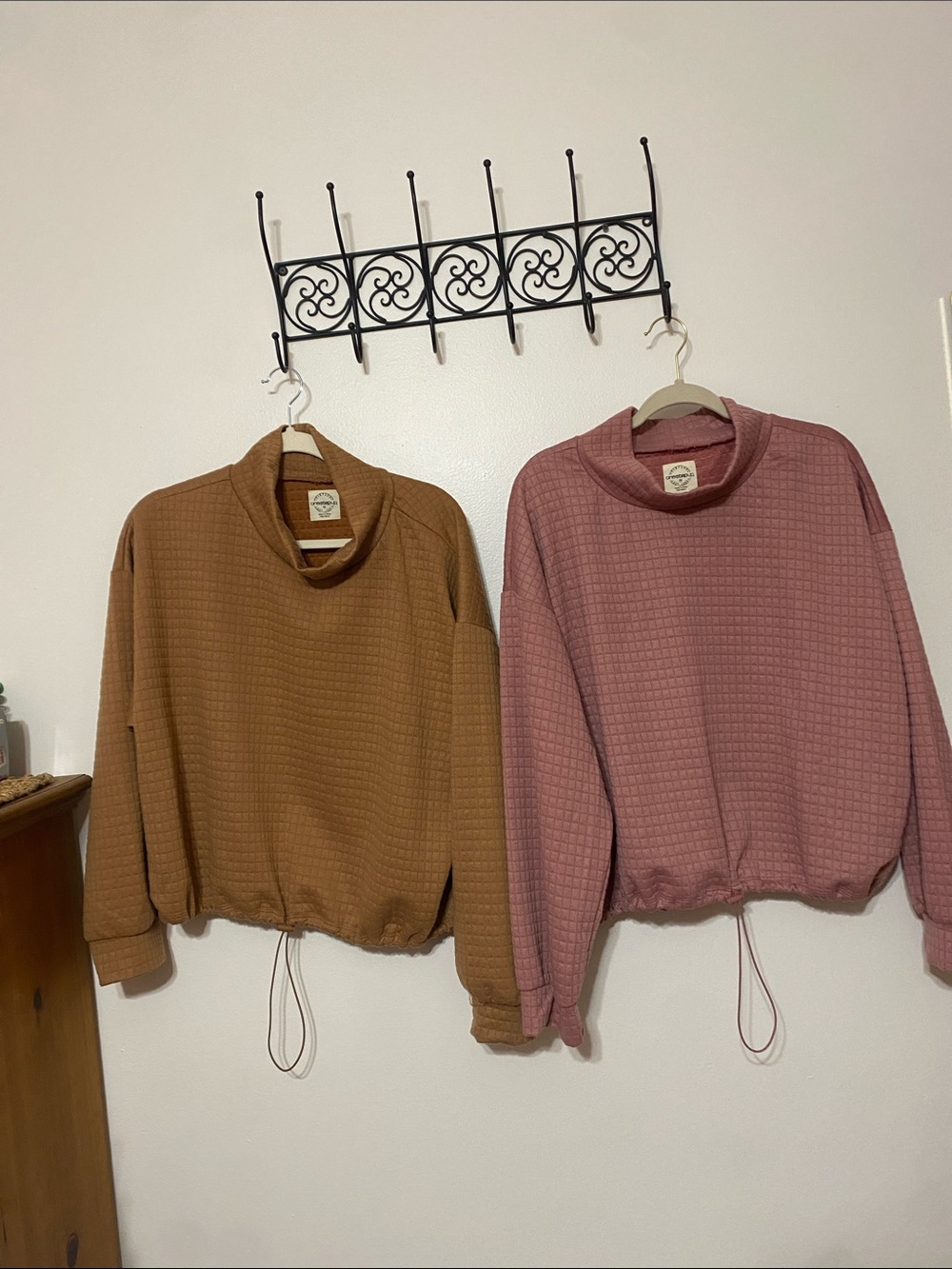 Set of 2 mock neck fleece tops with drawstring waist
